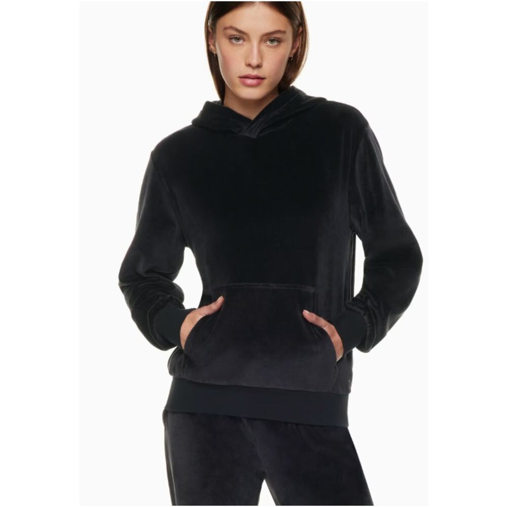 TNA Aritzia Velour Pullover Hoodie Black Charcoal Kangaroo Pocket Womens Large